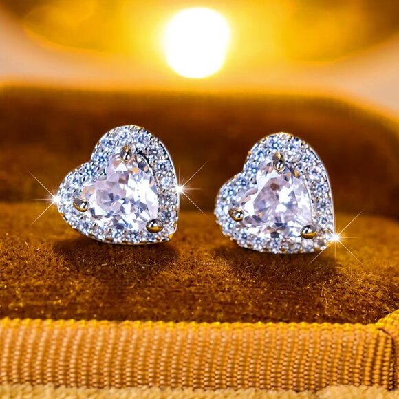 NEW 14k White Gold Blue Sapphire Diamond Earrings Heart Stud Earrings - Picture 2 of 5